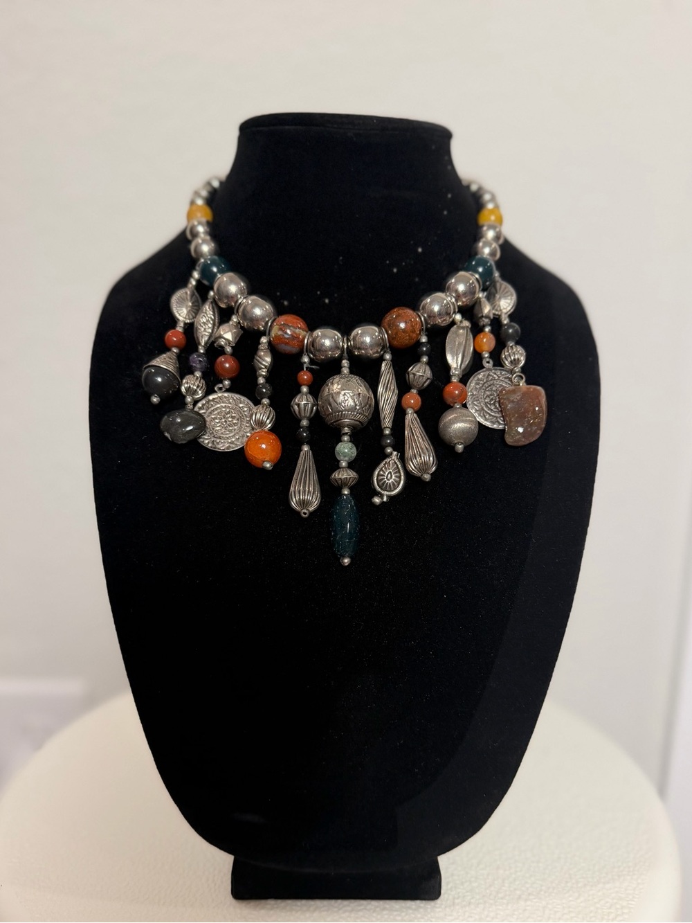 Vintage Natural Stone Silver Tone Beaded Dangle Statement Necklace
